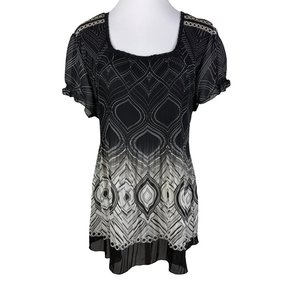 Nicola Black White Geometric Pleated Tunic Top Square Neck Woman's 1X